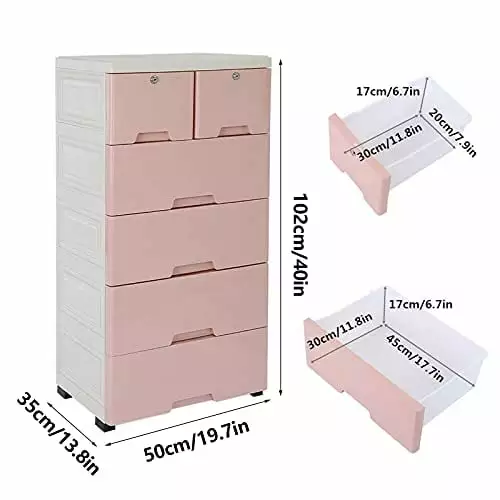 Plastic 6-Drawer Dresser Locker Key and Wheels Removable Fabric Storage Tower Playroom Bedroom Pink HANXAN