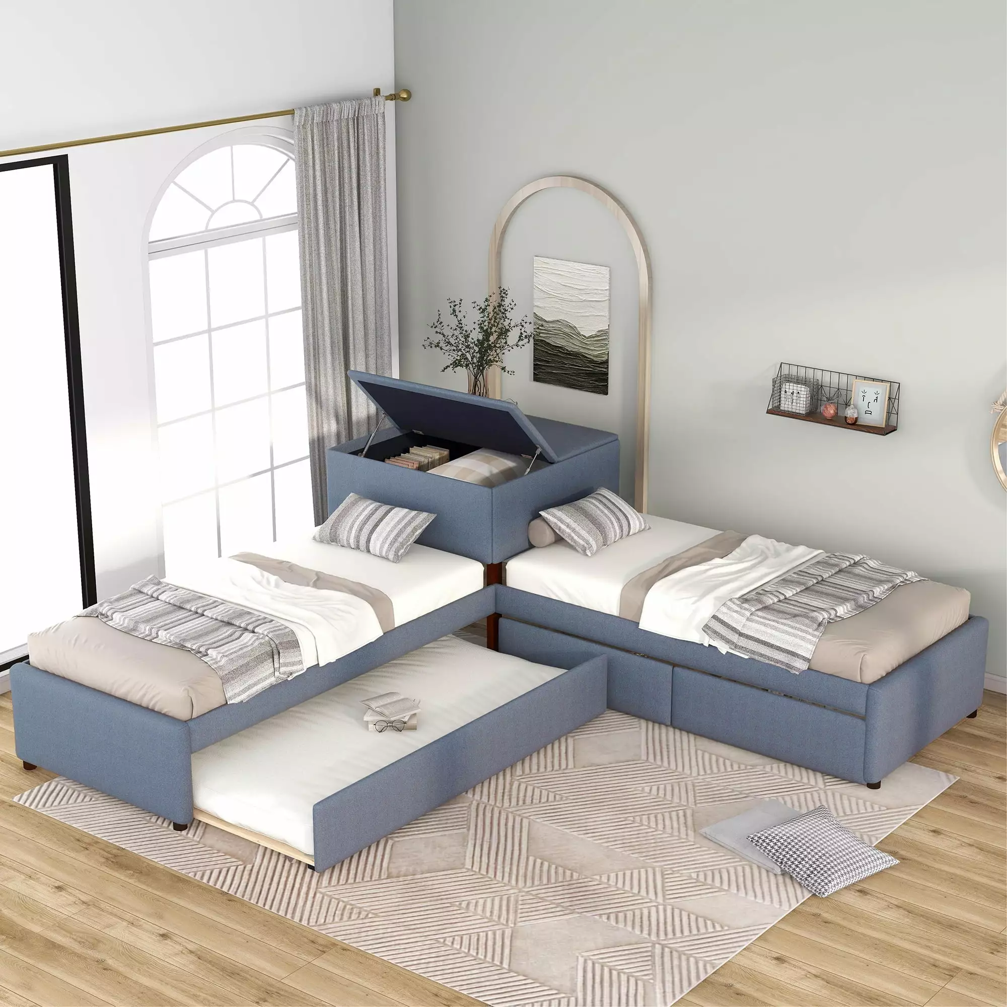 EUROCO Upholstered L-Shaped Twin Platform Bed Storage Drawers and Trundle - Kids Bedroom Gray