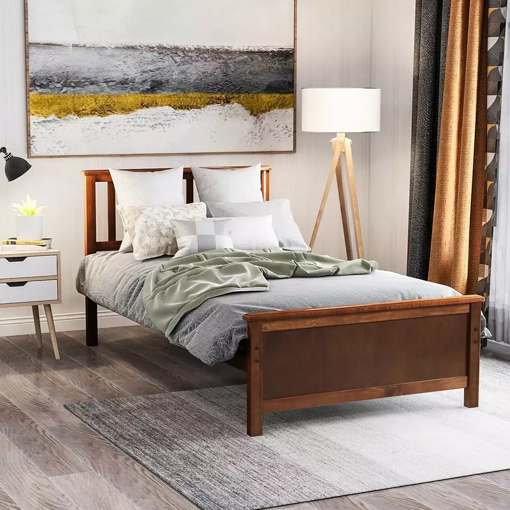 Twin Platform Beds Storage Drawers Bed Frame Headboard and Footboard Walnut Lowestbest