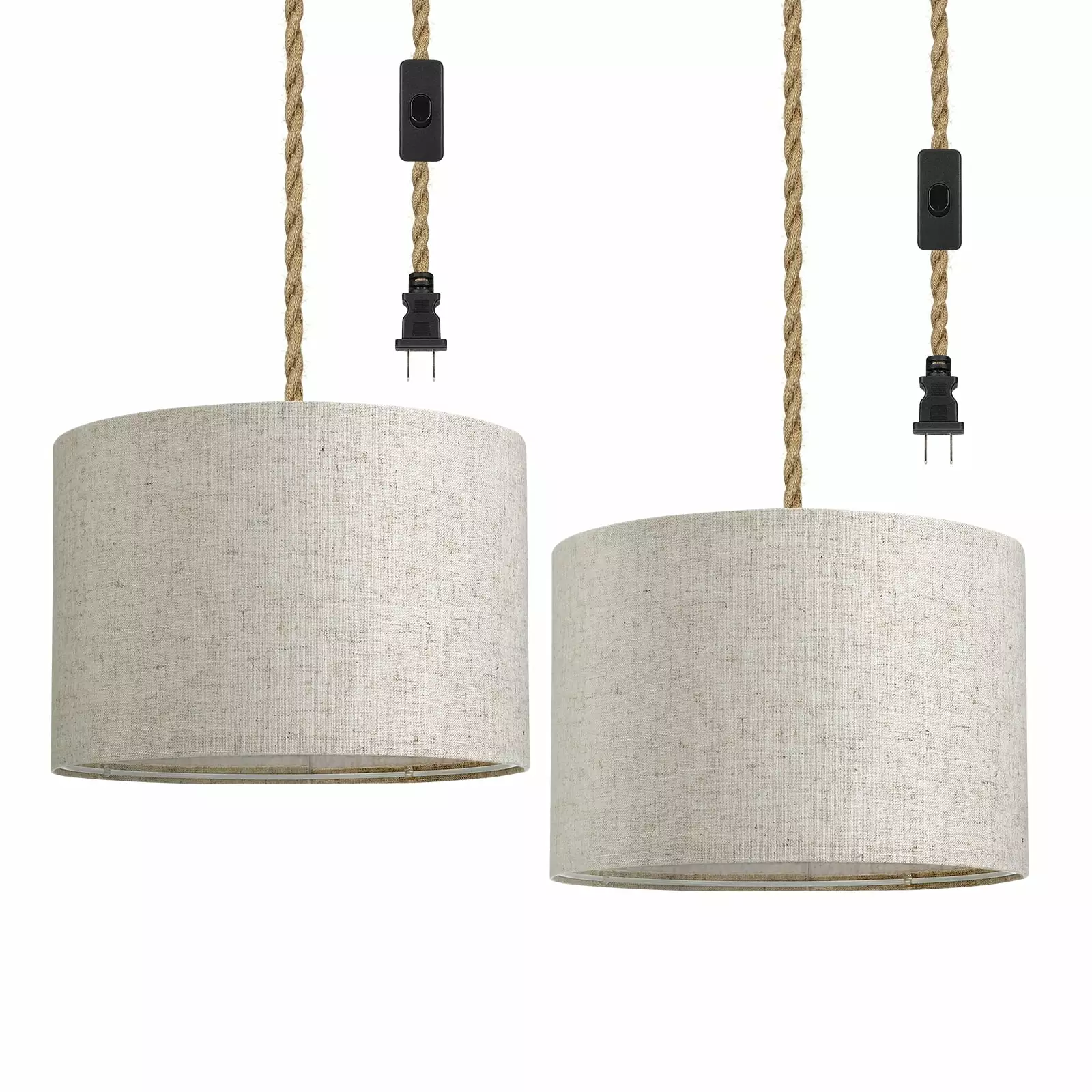 EDISHINE 2-Pack Hanging Lamps Plug Pendant Light 15 FT Hemp Rope Power Cord Beige Linen Shade