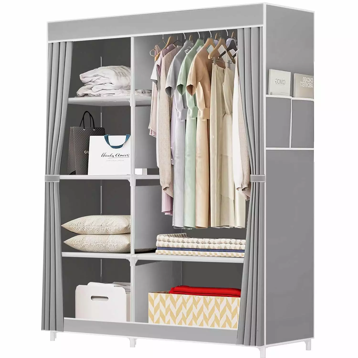HadinEEon Travel-friendly Closet Wardrobe 6 Shelves 1 Hanging Rod and 4 Pockets Grey 41 Inches