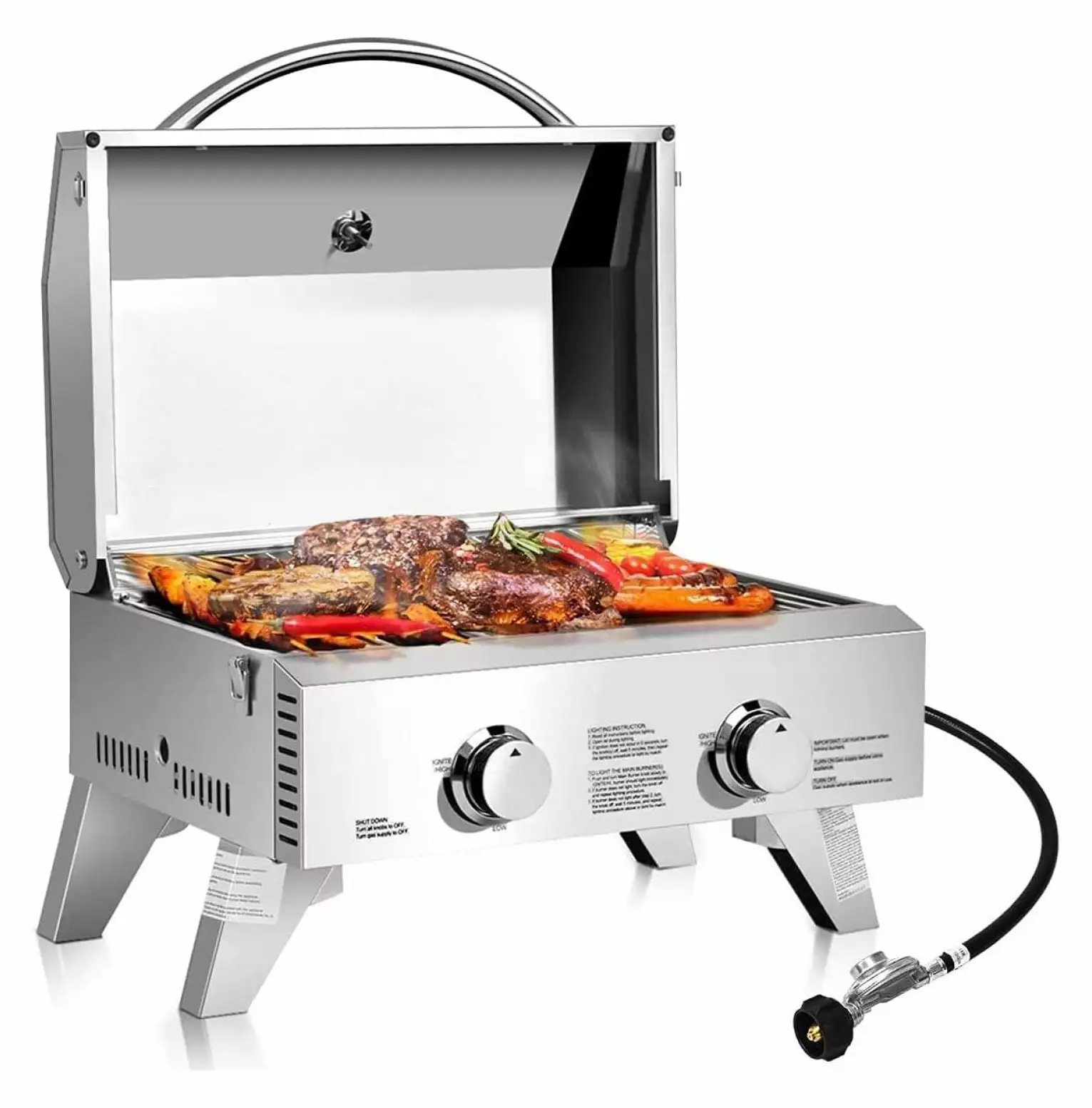 Mausahen Travel-friendly 2-Burner Stainless Steel Propane Grill Foldable Legs Camping 20000 BTU