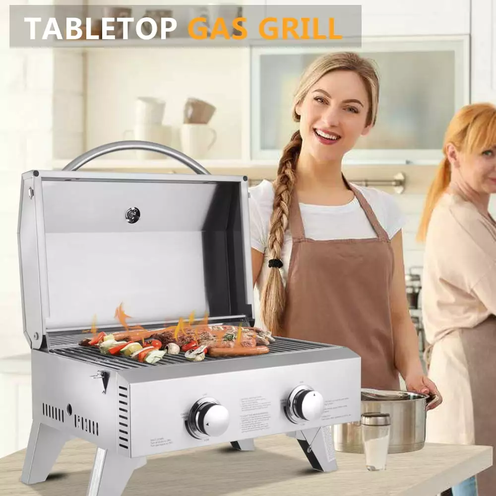Topcobe 2-Burner Tabletop Stainless Steel Gas Grill Foldable Legs Camping and Travel