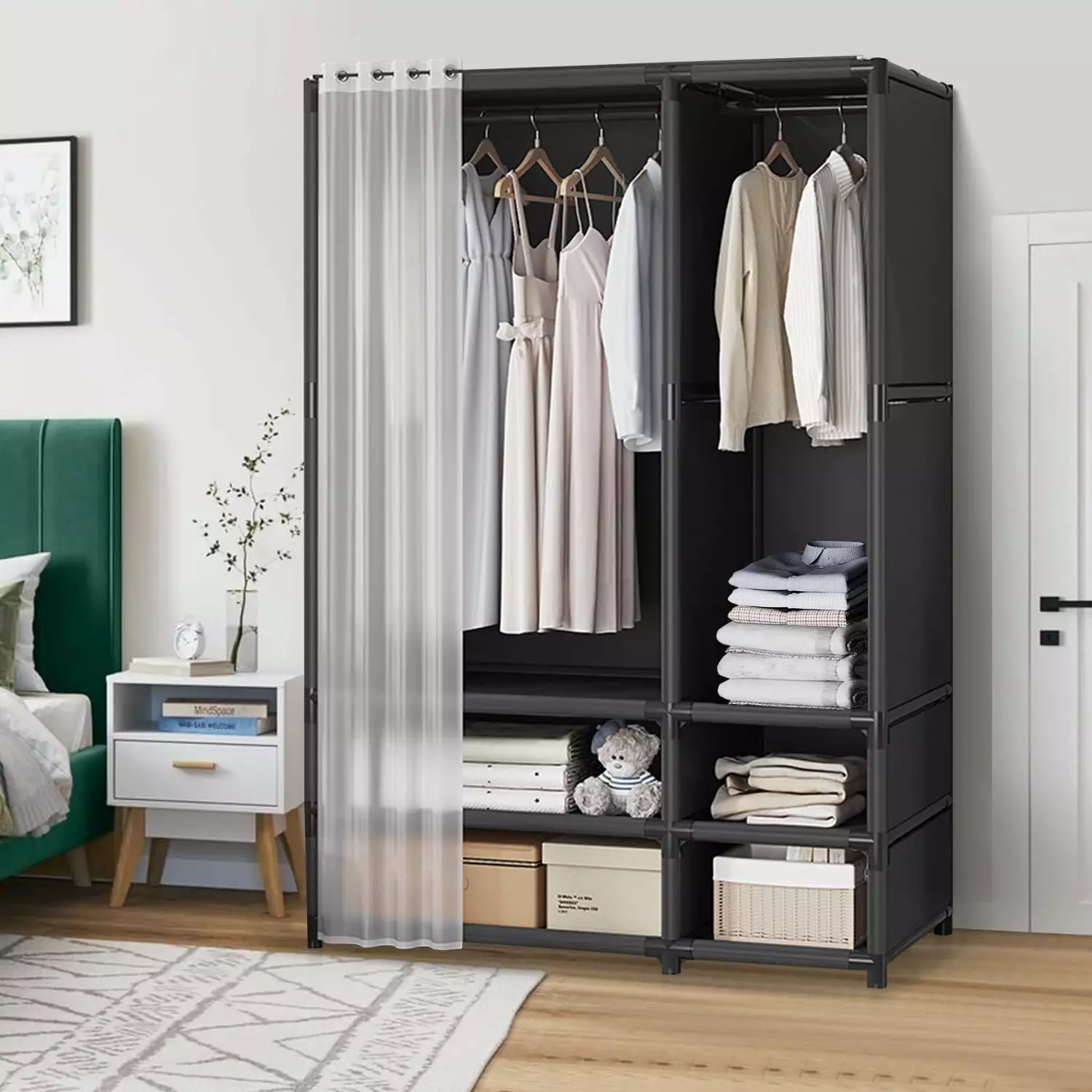 Brochao Large Travel-friendly Wardrobe 2 Hanging Areas 4 Shelves Black Clothes Storage Cabinet