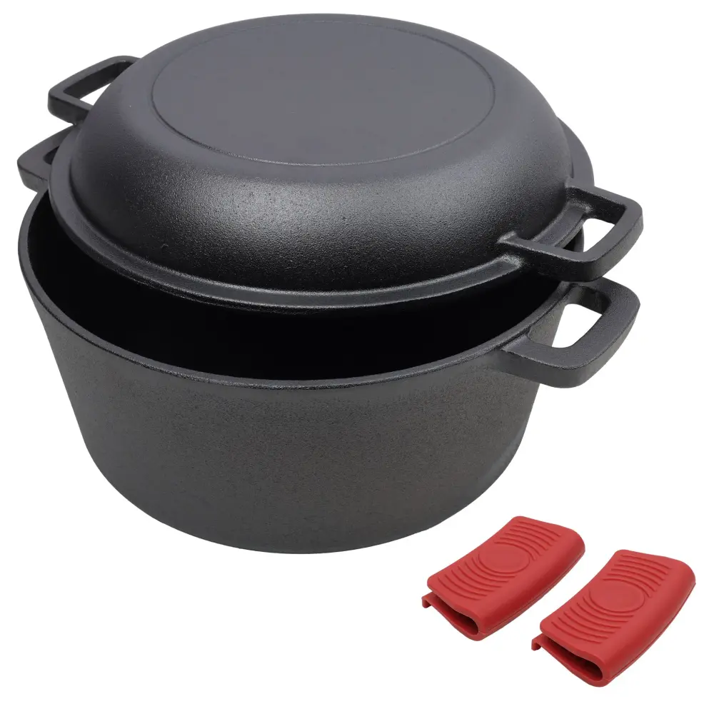 Pre-Seasoned Cast Dutch Oven 2 1 Paired Handles And Covers, 5 Quart - Black