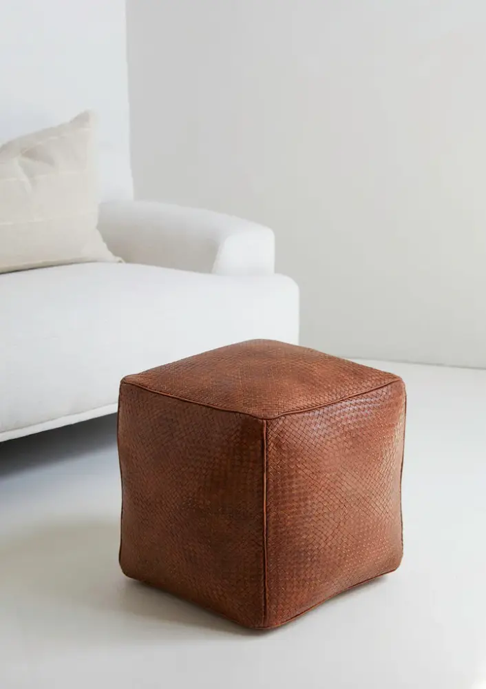Braided Leather Cube Pouf USB Ports