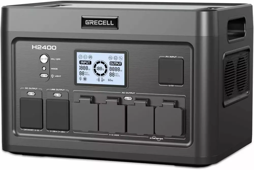 GRECELL Travel-friendly Power Station 2400W 1843Wh LiFePO4 Solar Generator 4 AC Outlets Camping Home Backup 1000w