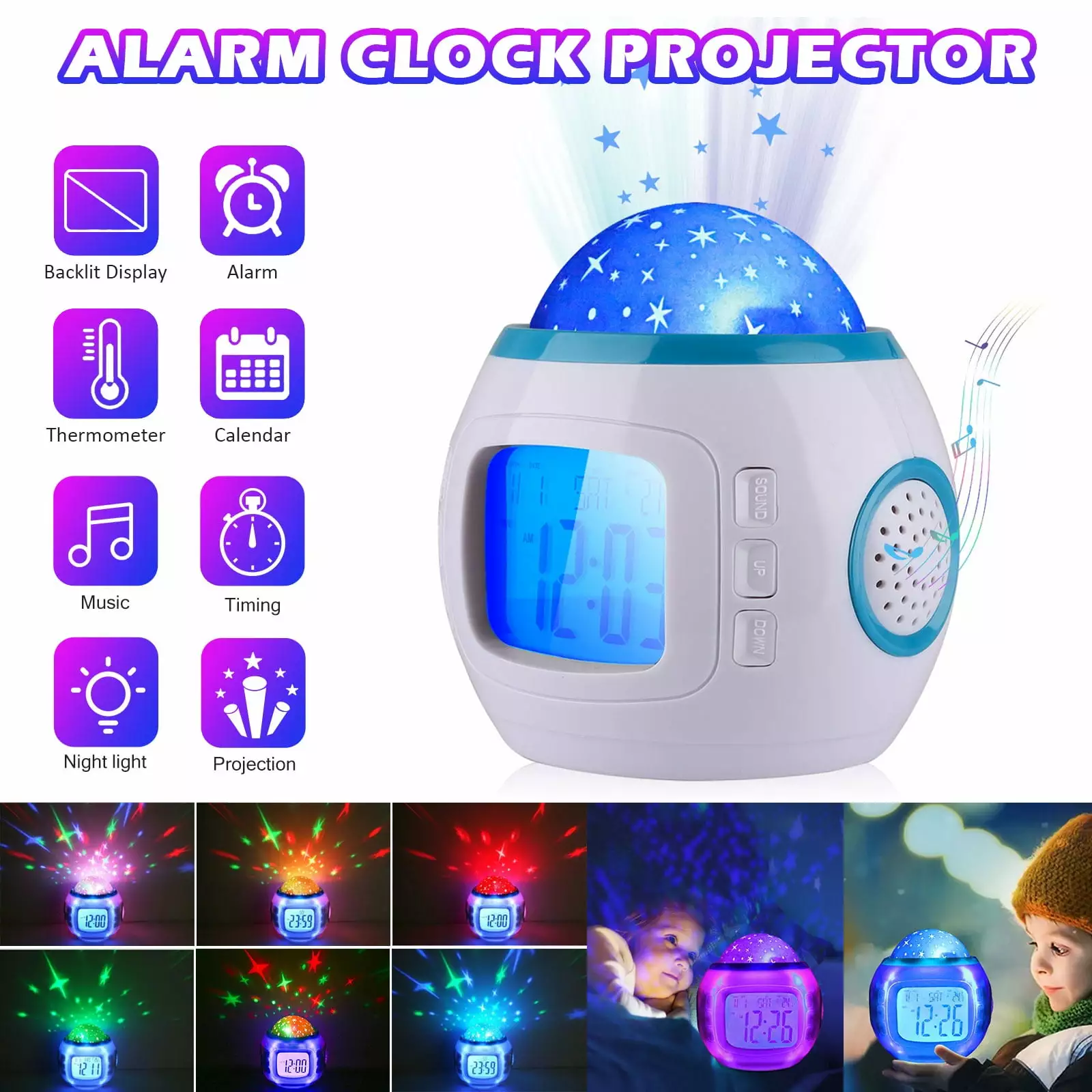 TSV Starry Sky Alarm Clock Projector Music Snooze Backlight Calendar Thermometer Night Light