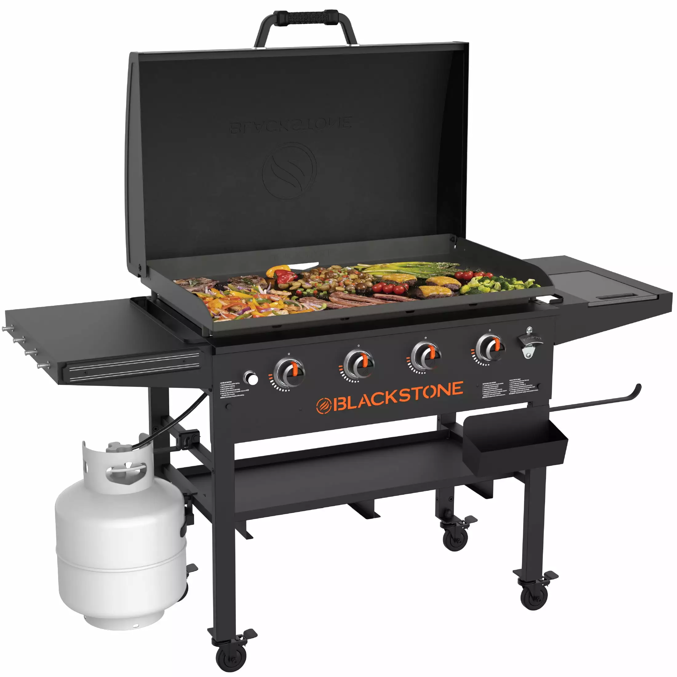 Blackstone Original 4-Burner 36 Inch Propane Griddle Hood and Omnivore Griddle Plate