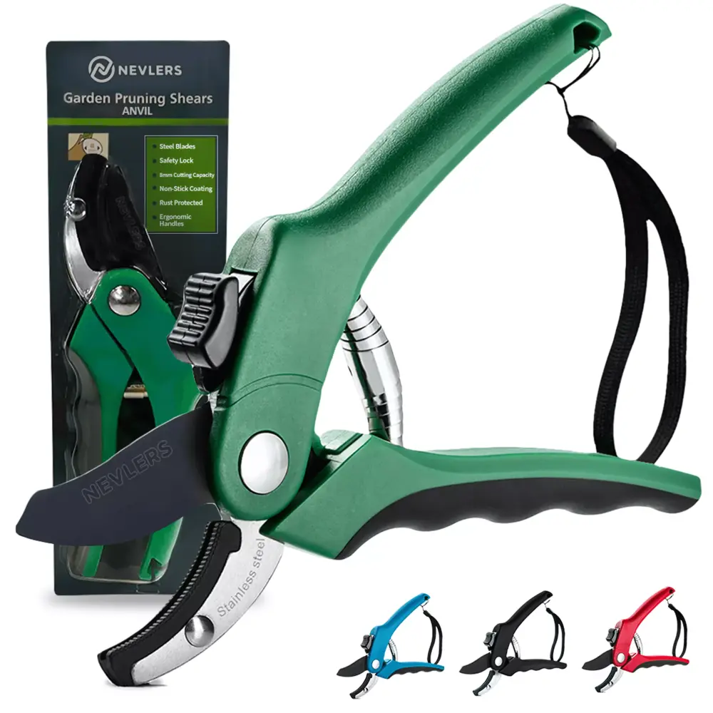 Nevlers 8 Inch Green Heavy Duty Anvil Garden Pruning Shears