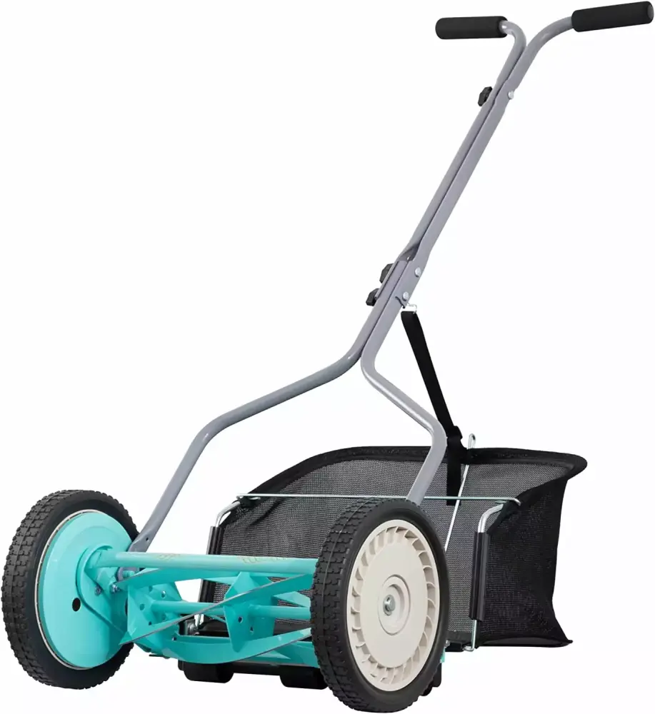 14-Inch 5-Blade Push Reel Lawn Mower Grass Catcher Mint Green