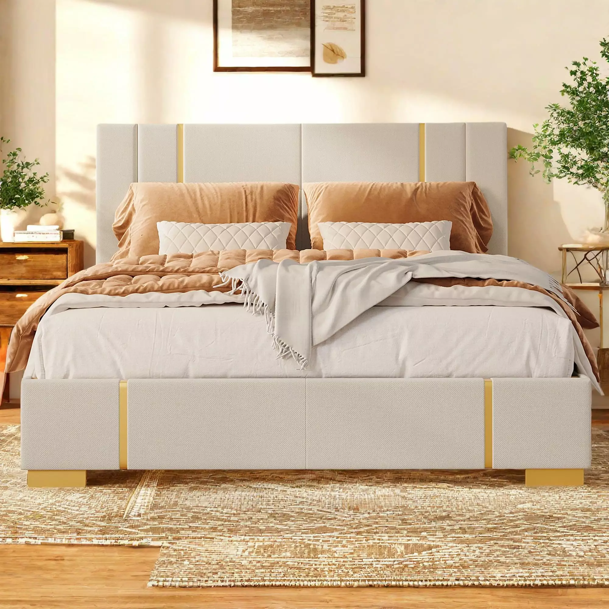 Lofka Queen Size Bed Frame Upholstered Headboard Beige Finish