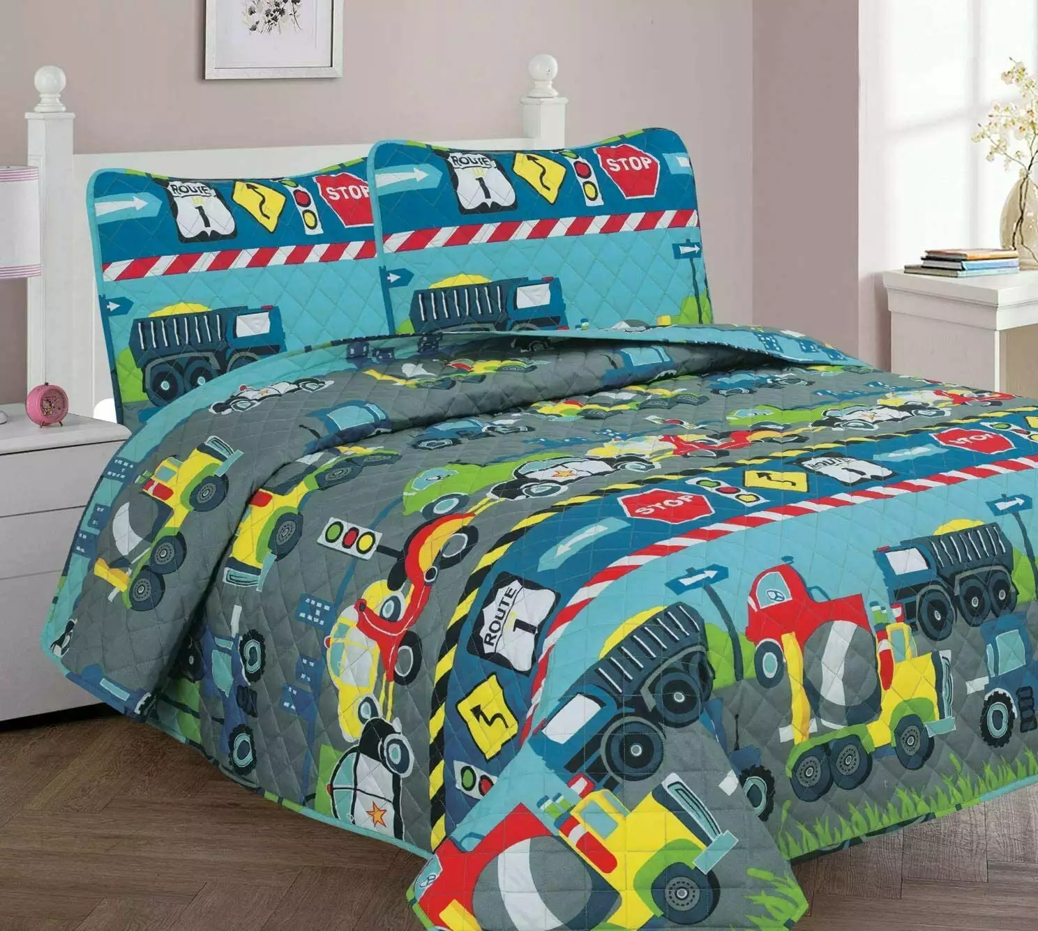 3-Piece Full Police Race Car Blue Kids Microfiber Bedding Quilt Set - Includes 1 Quilted Coverlet & 2 Matching Pillow Sham...
