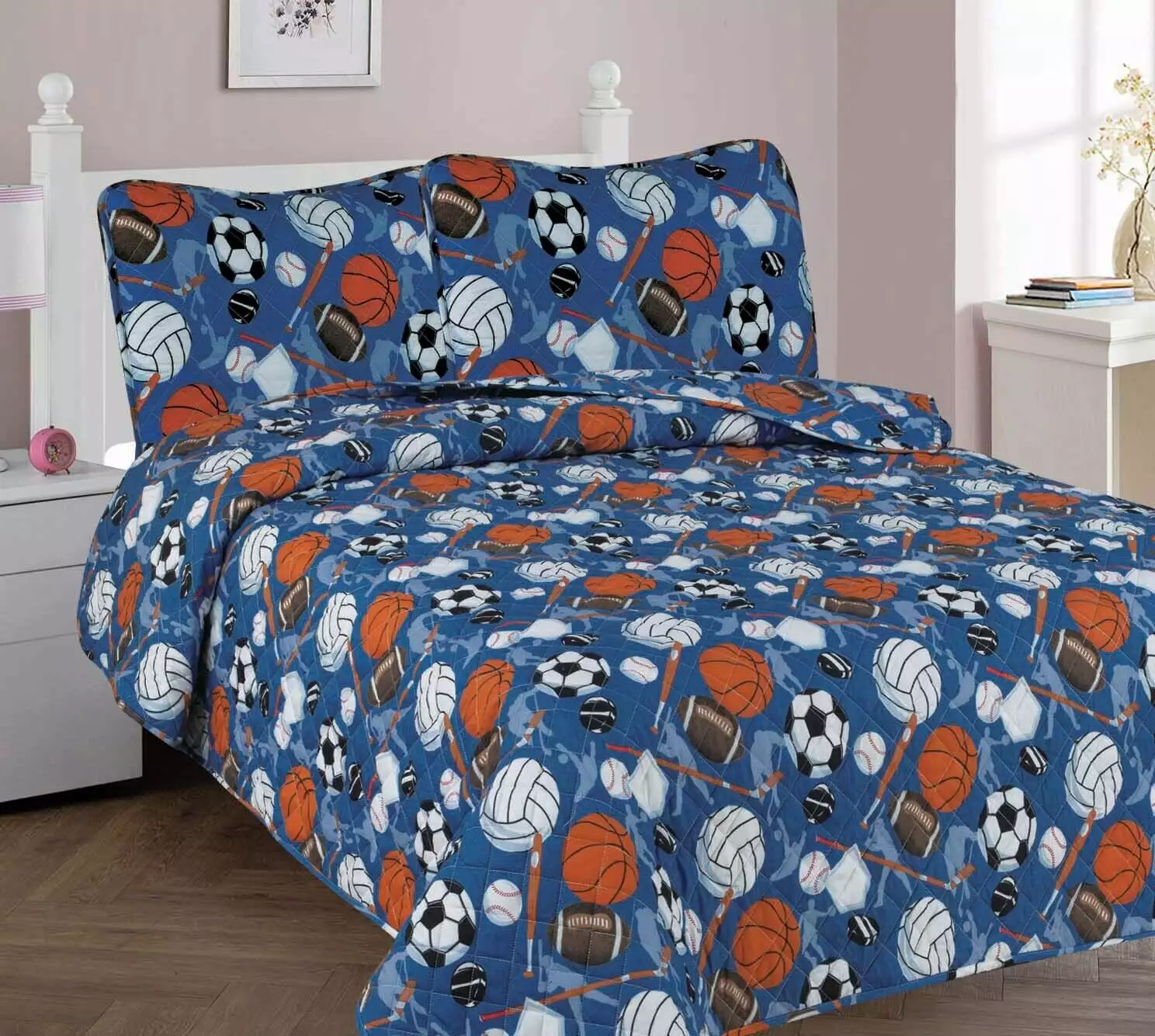 Full Hockey Sport Ball Blue 3 Piece Kids Microfiber Quilt Set Pillow Shams SAMIMPORT-2011