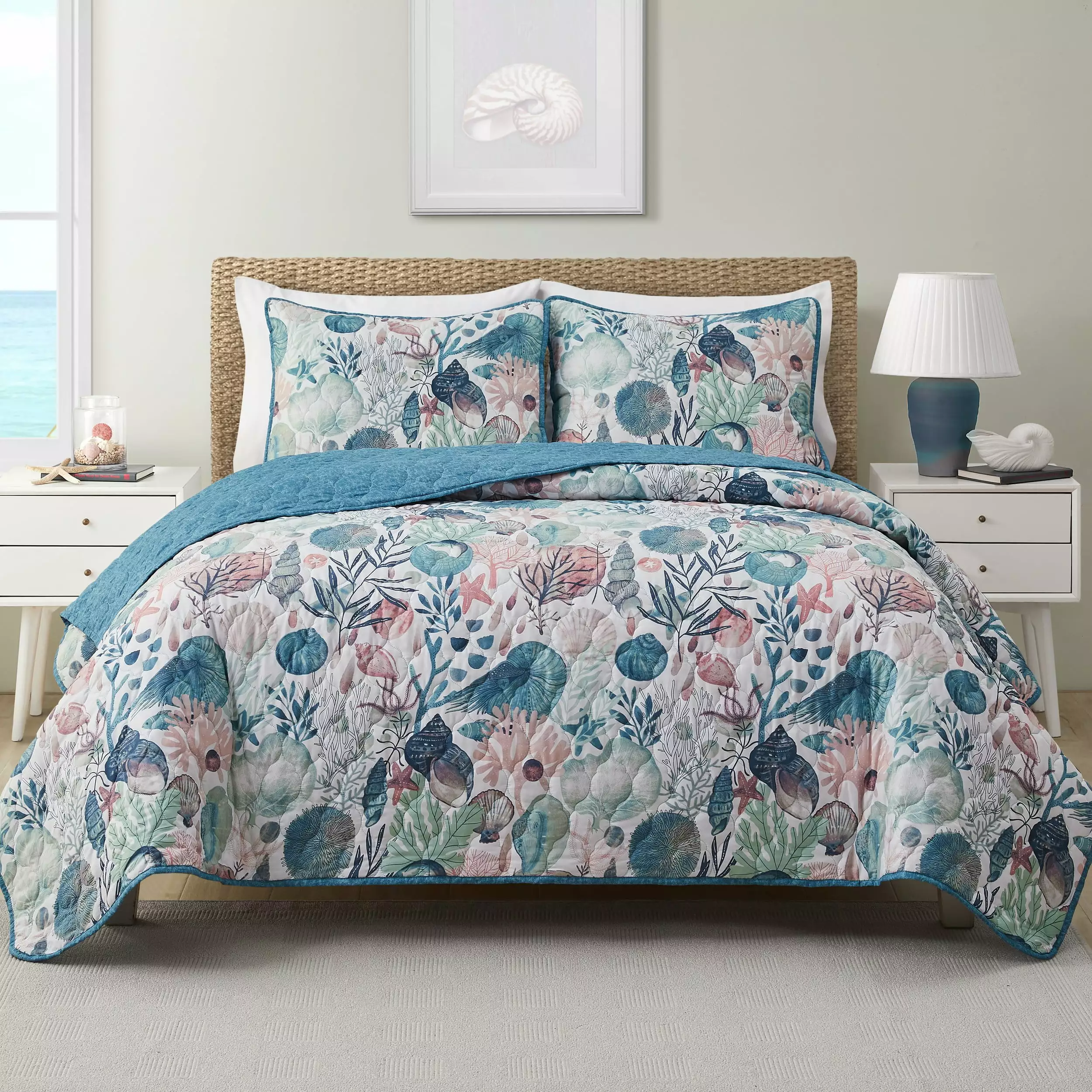 VCNY Home Ivory Coast 3-Piece Blue Green Abstract Reversible Quilt Set Full Queen Adult Unisex