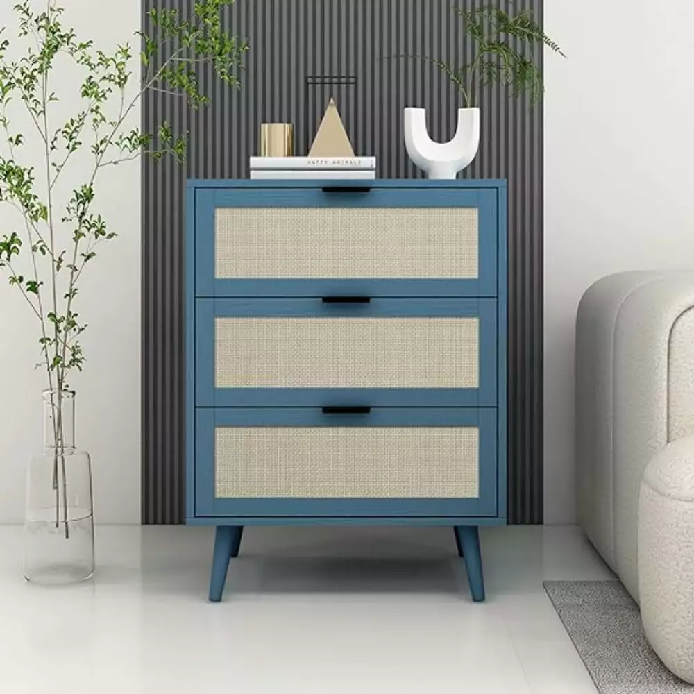 KEAIDO Rattan Chest Drawers 3 Drawers Dresser Wood Storage Cabinet Bedroom