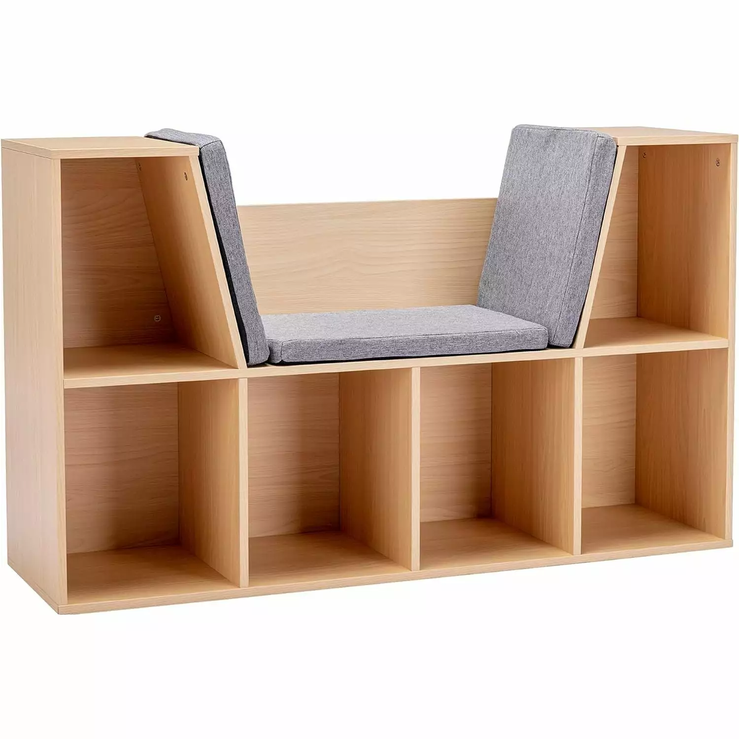 HetayC 6-Cubby Kids Bookcase Reading Nook and Cushion Multi-Purpose Storage Arranger Bedroom Living Room Natural