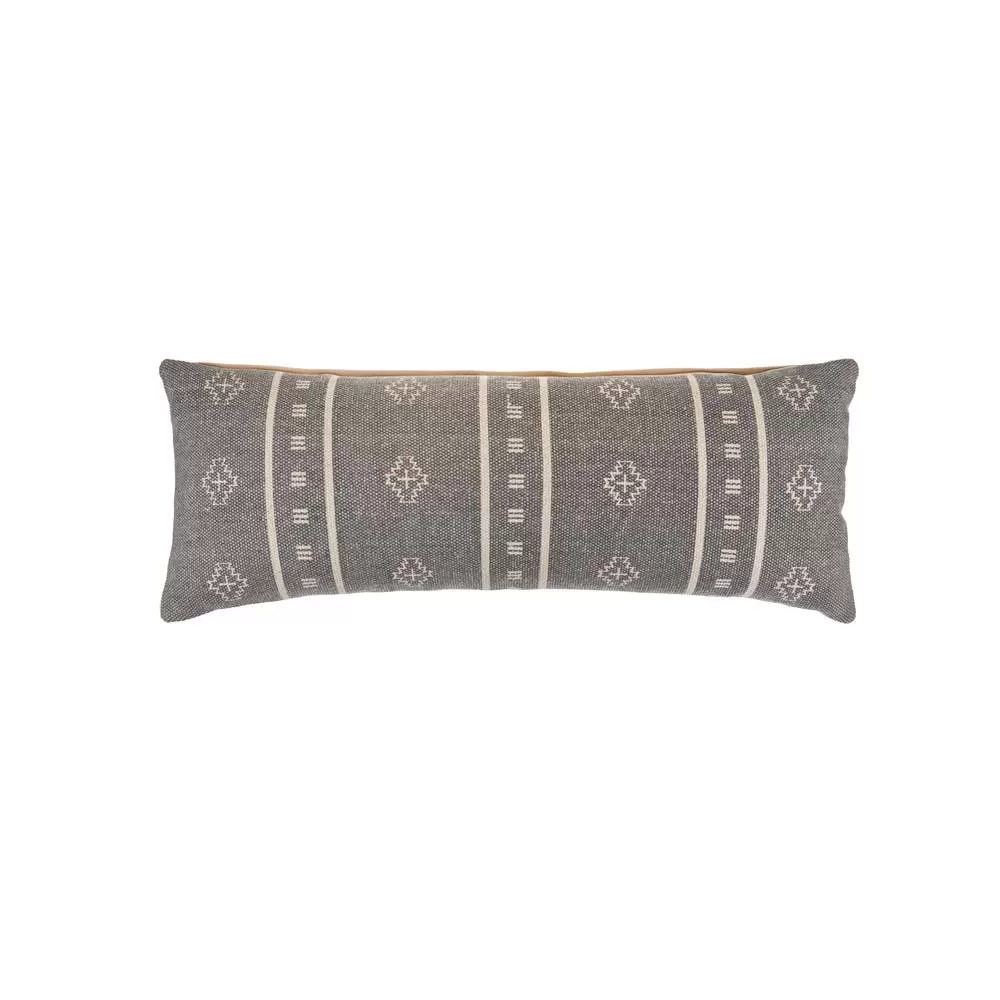 LR Home Embroidered Ethnic 14x36 Gray Cream Rectangle Throw Pillow
