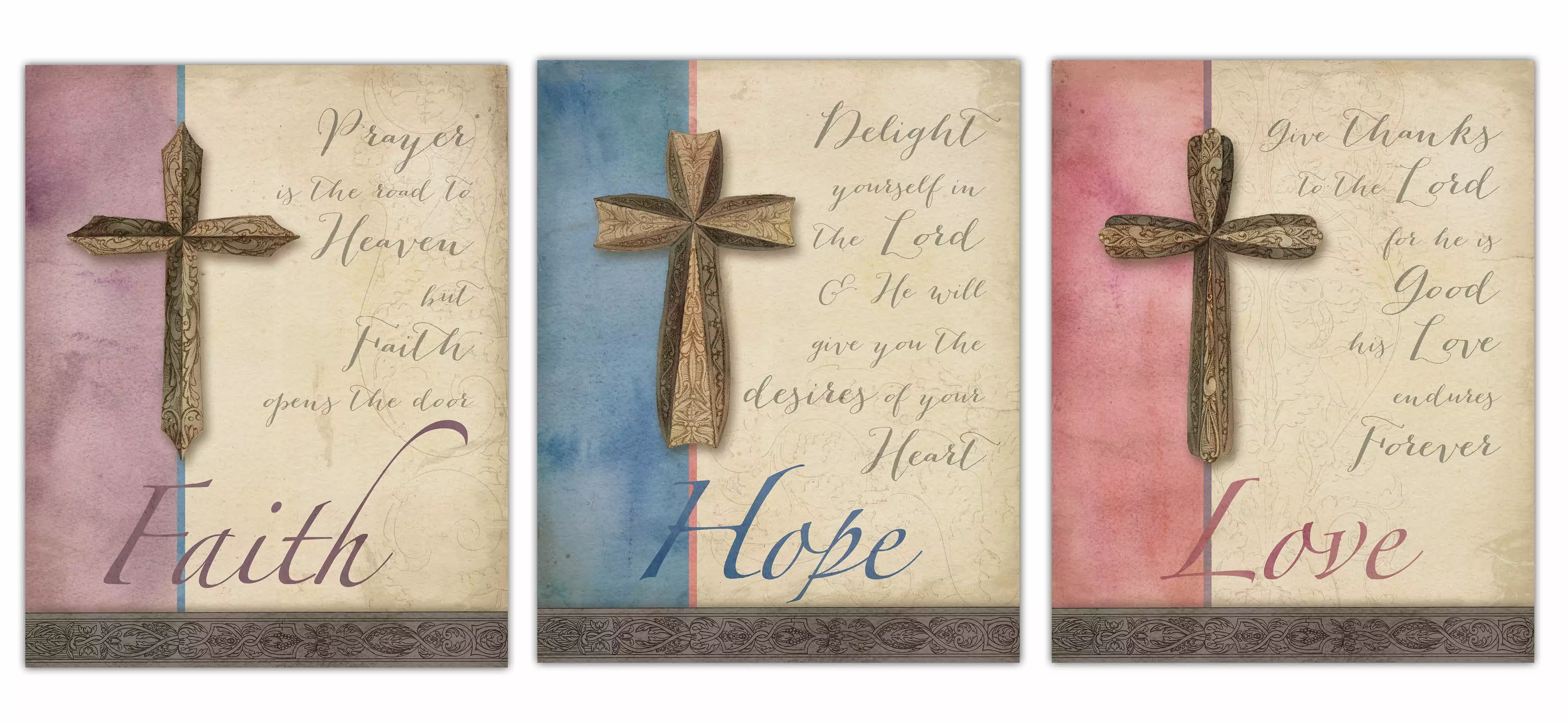 Timeless Beige Cross Love Faith Hope Religious Quote Adult Set - 3- 8 x 10 Unframed Prints Gango Home Decor