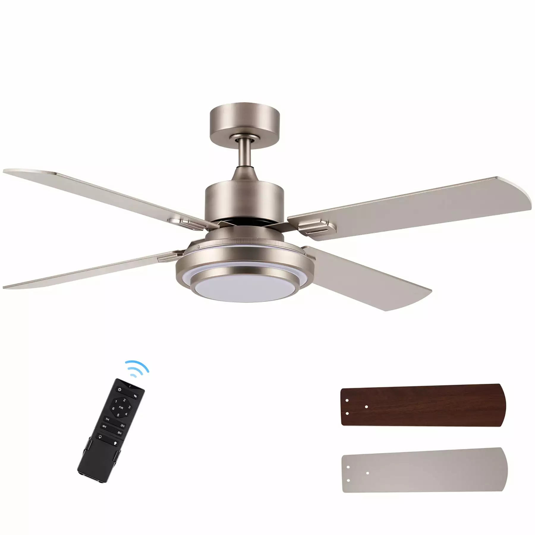 Bestco 52 Inch Silver Ceiling Fan Light 4 Blades LED Bulb Remote Control and Reverse Airflow