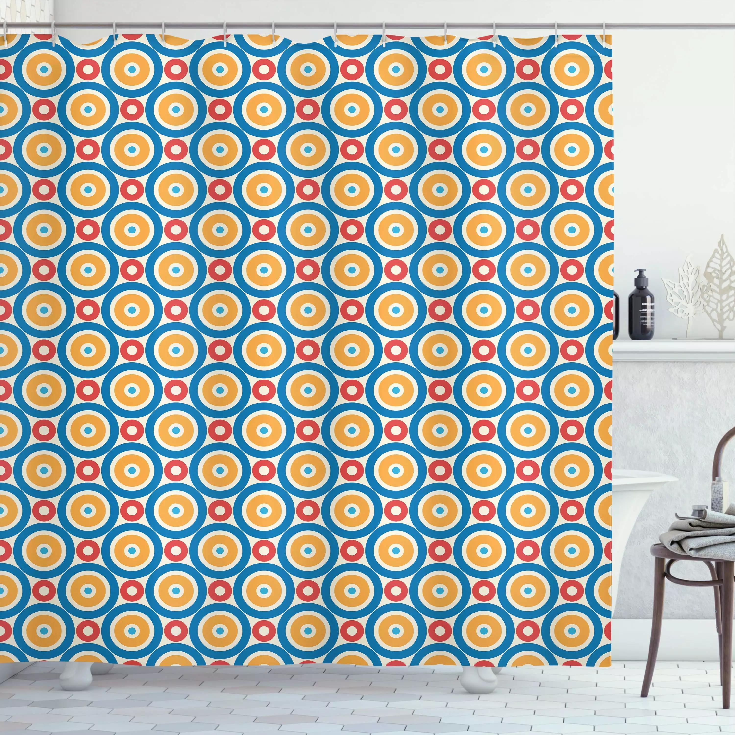Ambesonne Retro Shower Curtain Big Small Circles Dots Marigold Scarlet Blue 69x70 Inches