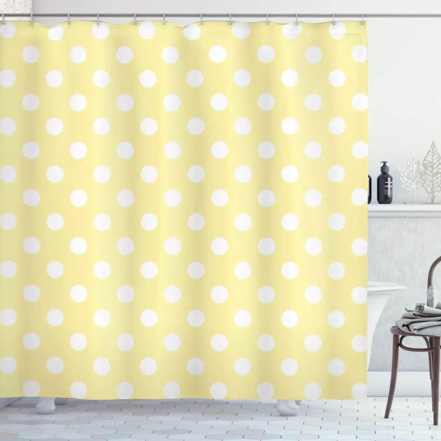 Retro Polka Dots Yellow Shower Curtain 69Wx70L Pale Yellow White Ambesonne