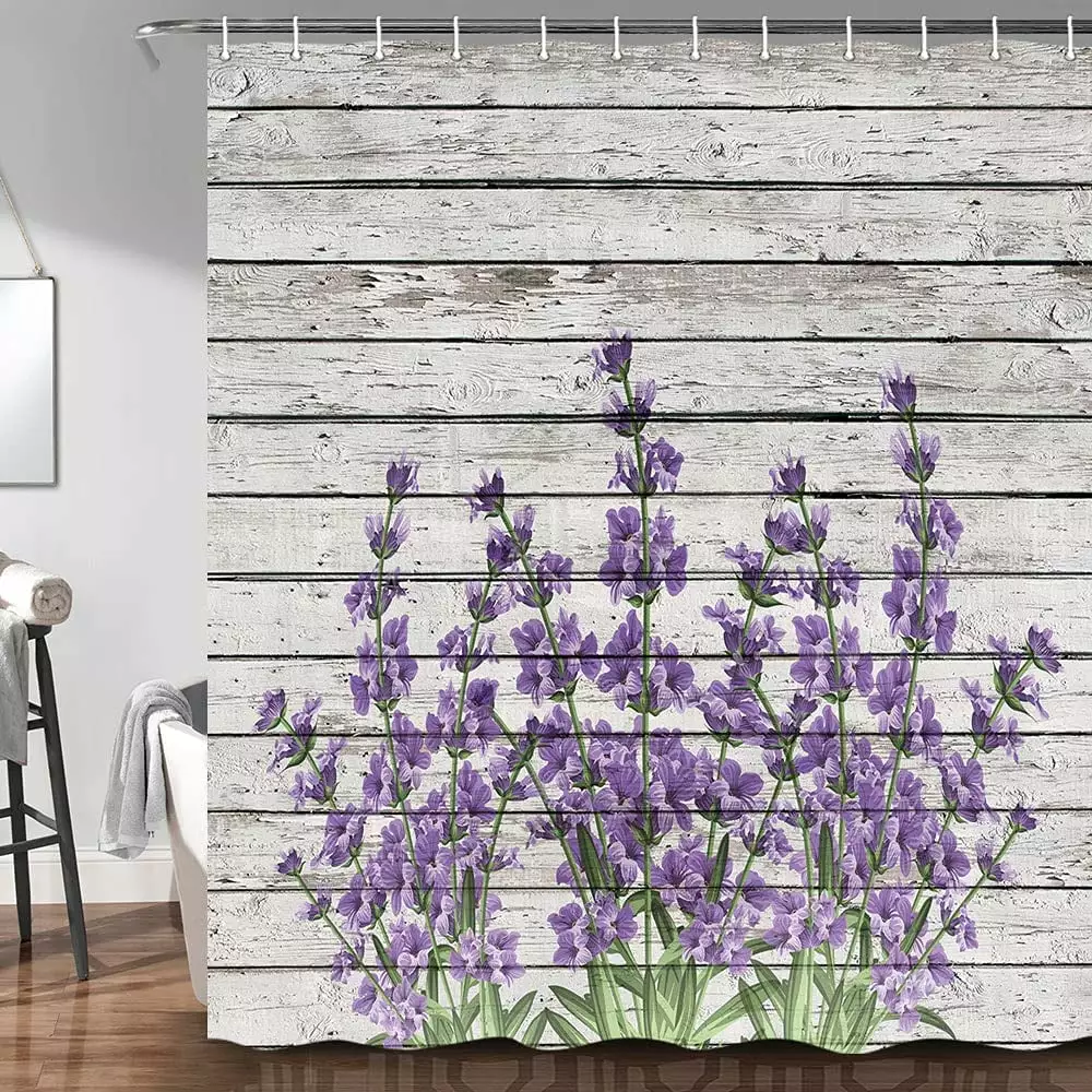 Purple Lavender Shower Curtain Retro Themed Purple Flowers on Vintage Rustic Wood Bathroom Set Uokiuki