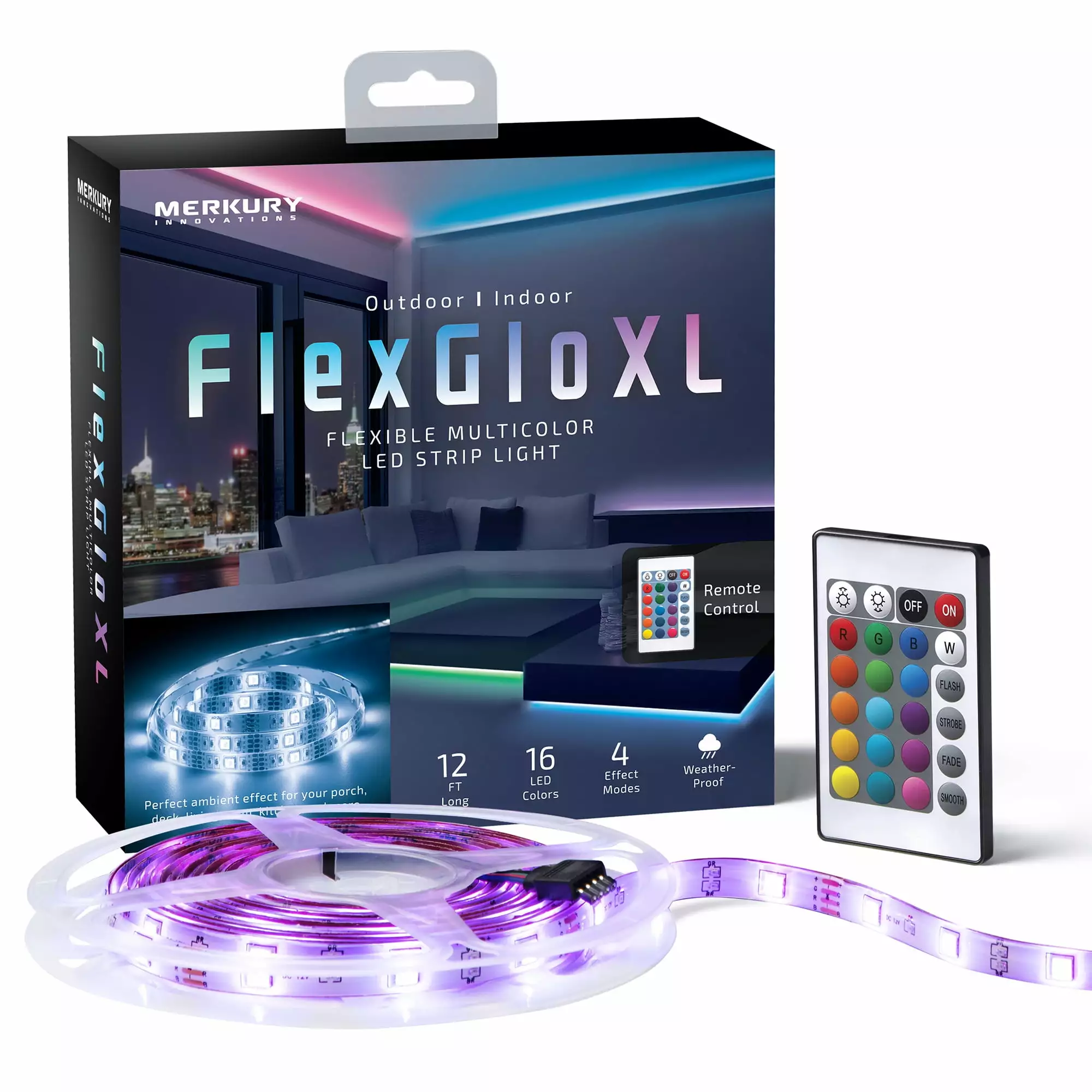 FlexGlo XL 13.1ft RGB 120 LED Strip Light Weatherproof Coating and 24key Remote Control Merkury Innovations