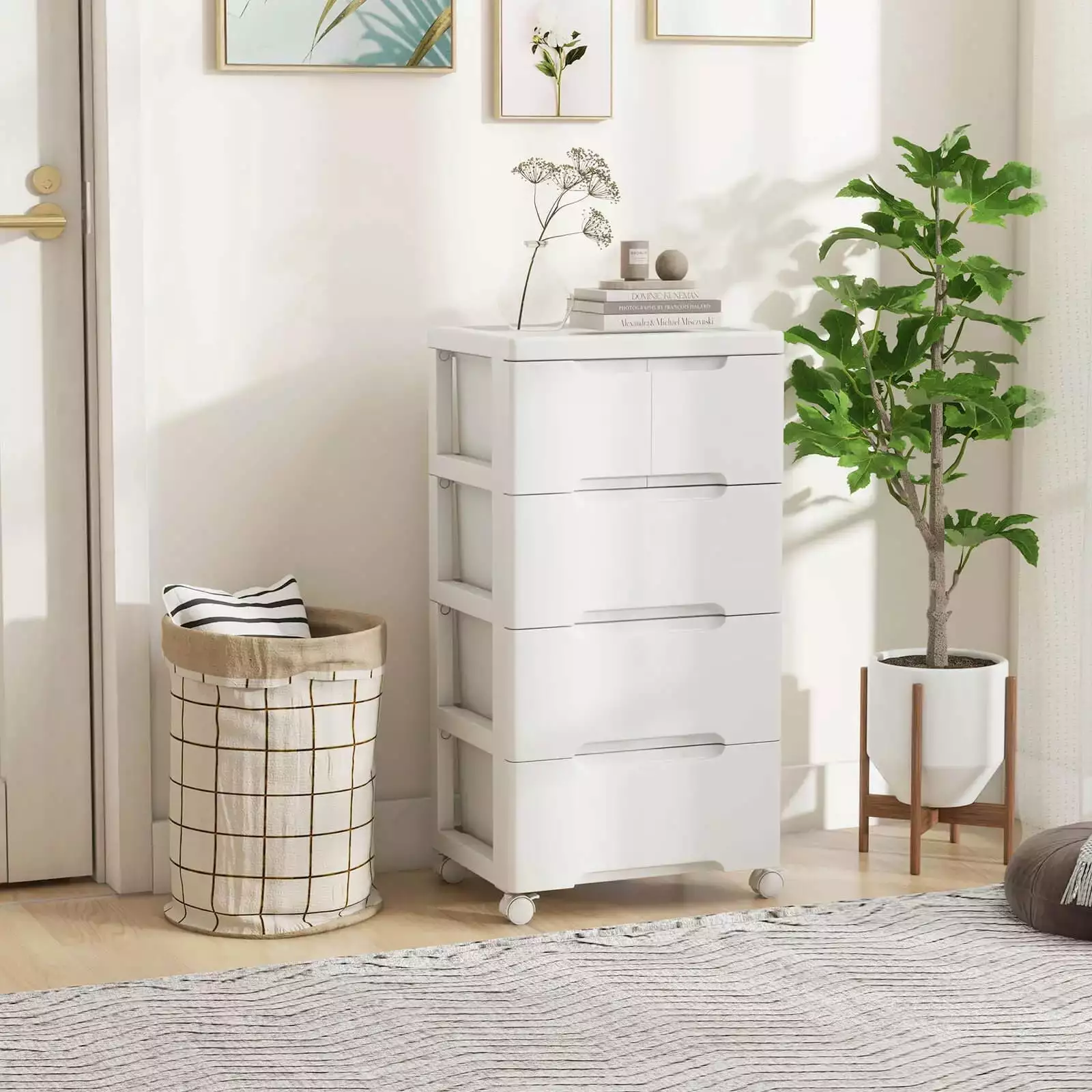 FONIRRA 5-Drawer Plastic Rolling Storage Cart 4 Wheels White Dresser Cabinet Home Office
