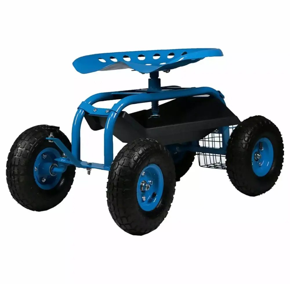 Luwei Rolling Gardening Cart Adjustable 360-Degree Swivel Seat Tool Tray Storage Bin Blue