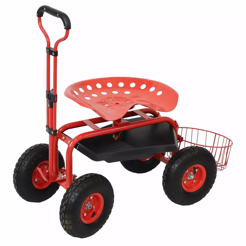 Sunnydaze Rolling Garden Cart Steering Handle and Swivel Seat Red