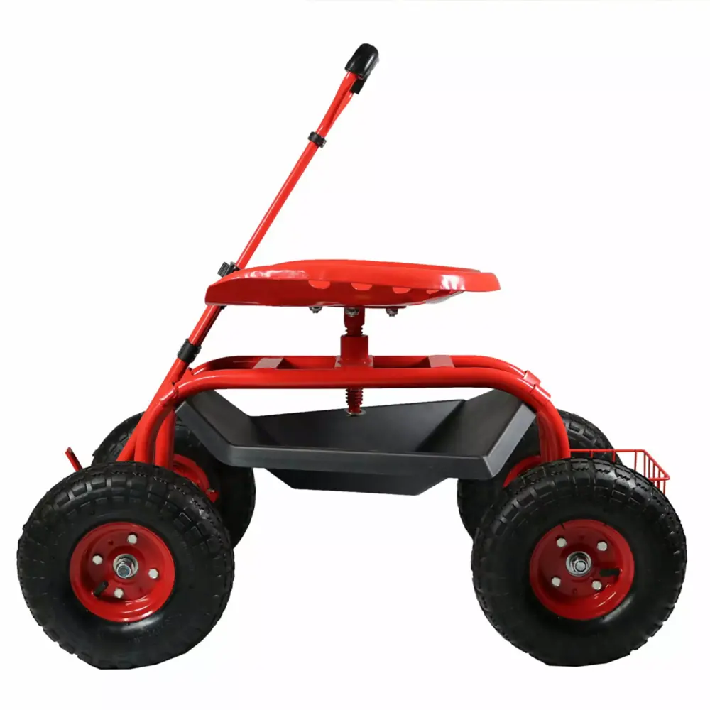 Sunnydaze Rolling Garden Cart Steering Handle and Swivel Seat Red