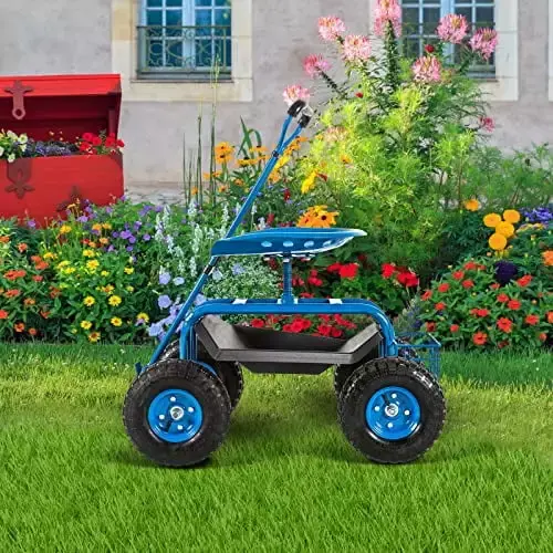 Blue Rolling Garden Cart Work Seat Wheels and Planting Tool Tray