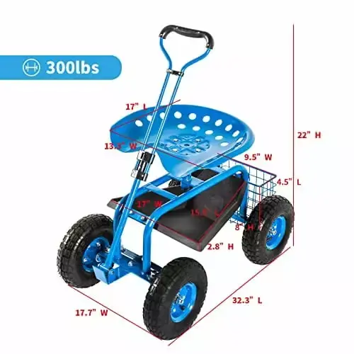 Garden Cart Rolling Scooter 360 Swivel Seat, Tool Tray and Storage Bin - Heavy Duty Gardening Workseat on Wheels
