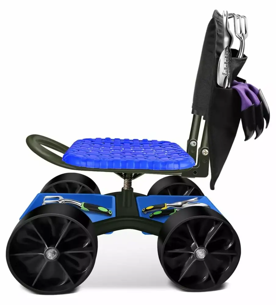 Homehours Garden Cart Rolling Stool Four Wheels and Tool Bag Adjustable Seat Height Gardening 2