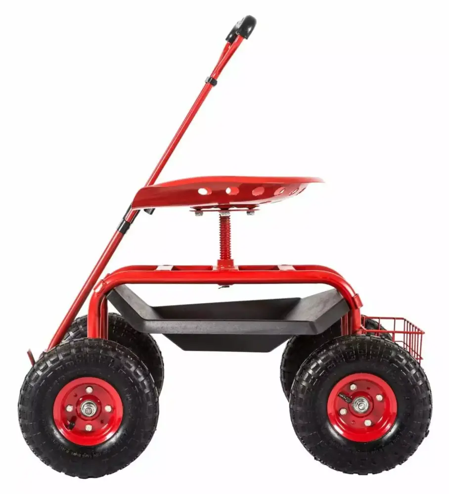 ZanQee Rolling Garden Cart Scooter Stool Wheels & Seat Adjustable Handle 360 Degree Swivel Red