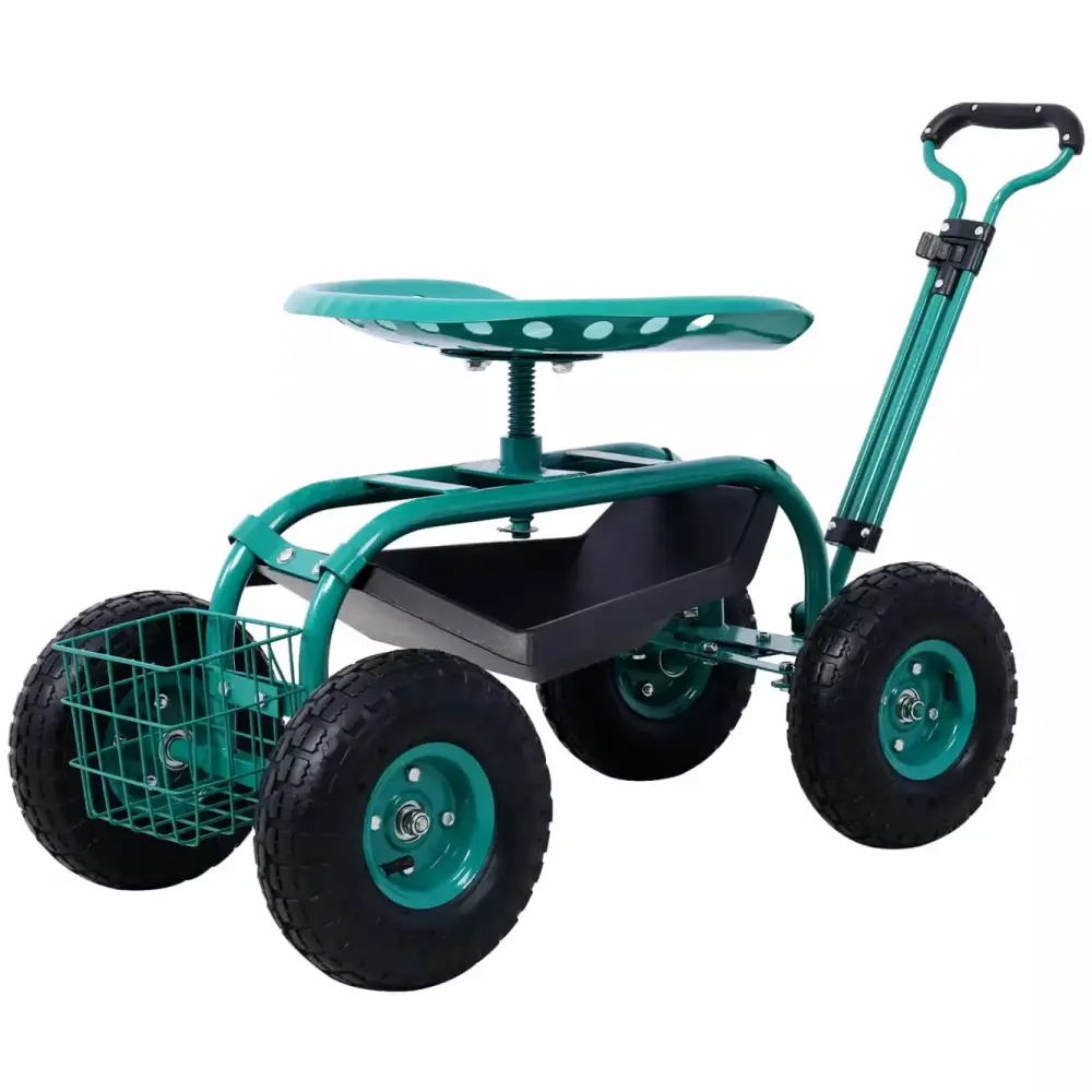 Garden Cart Height Adjustable Swivel Seat Rolling Work Seat Tool Tray 300LBS Capacity Green