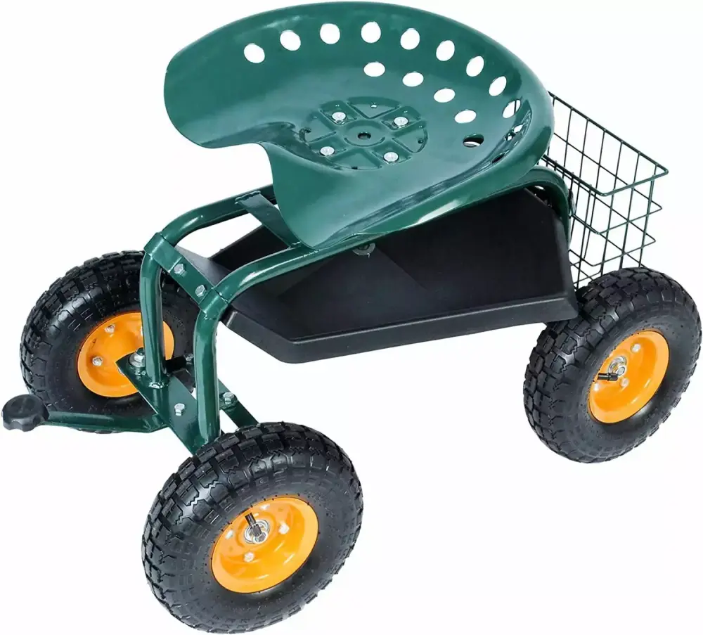 Steerable Rolling Garden Stool Tool Tray and Storage Bin Heavy Duty Scooter Green No