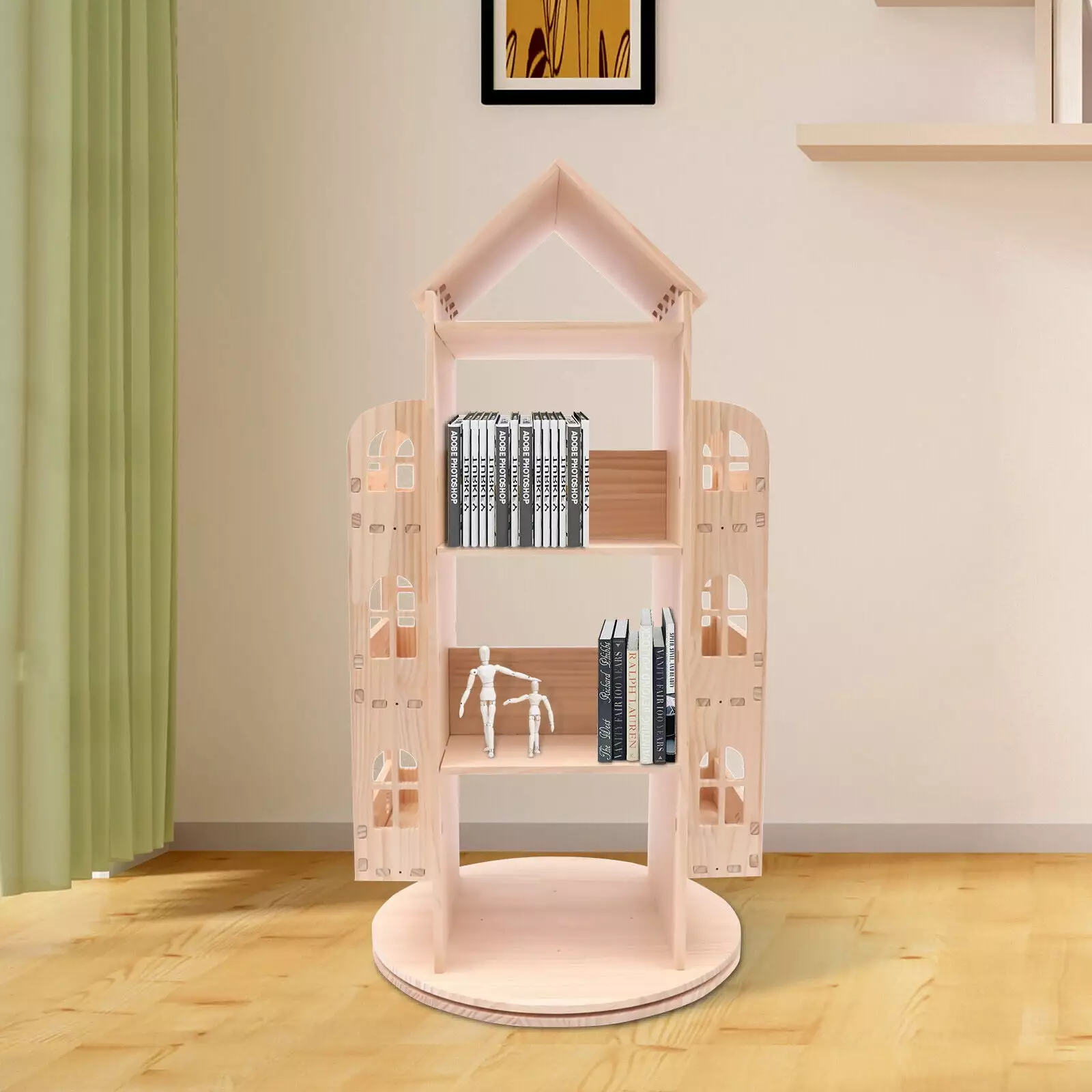 DENEST 360 Shelf Wood Bookcase Storage Display Rotating Shelving Large Books and Decor