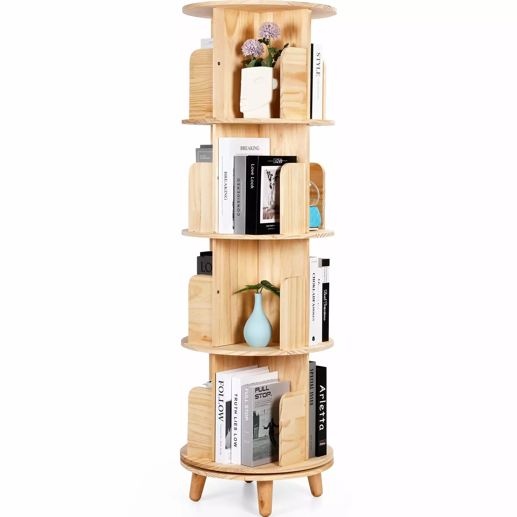 Rotating Bookshelf 360 Display 4 Tier Revolving Bookcase Solid Wood Corner Shelf Osoeri
