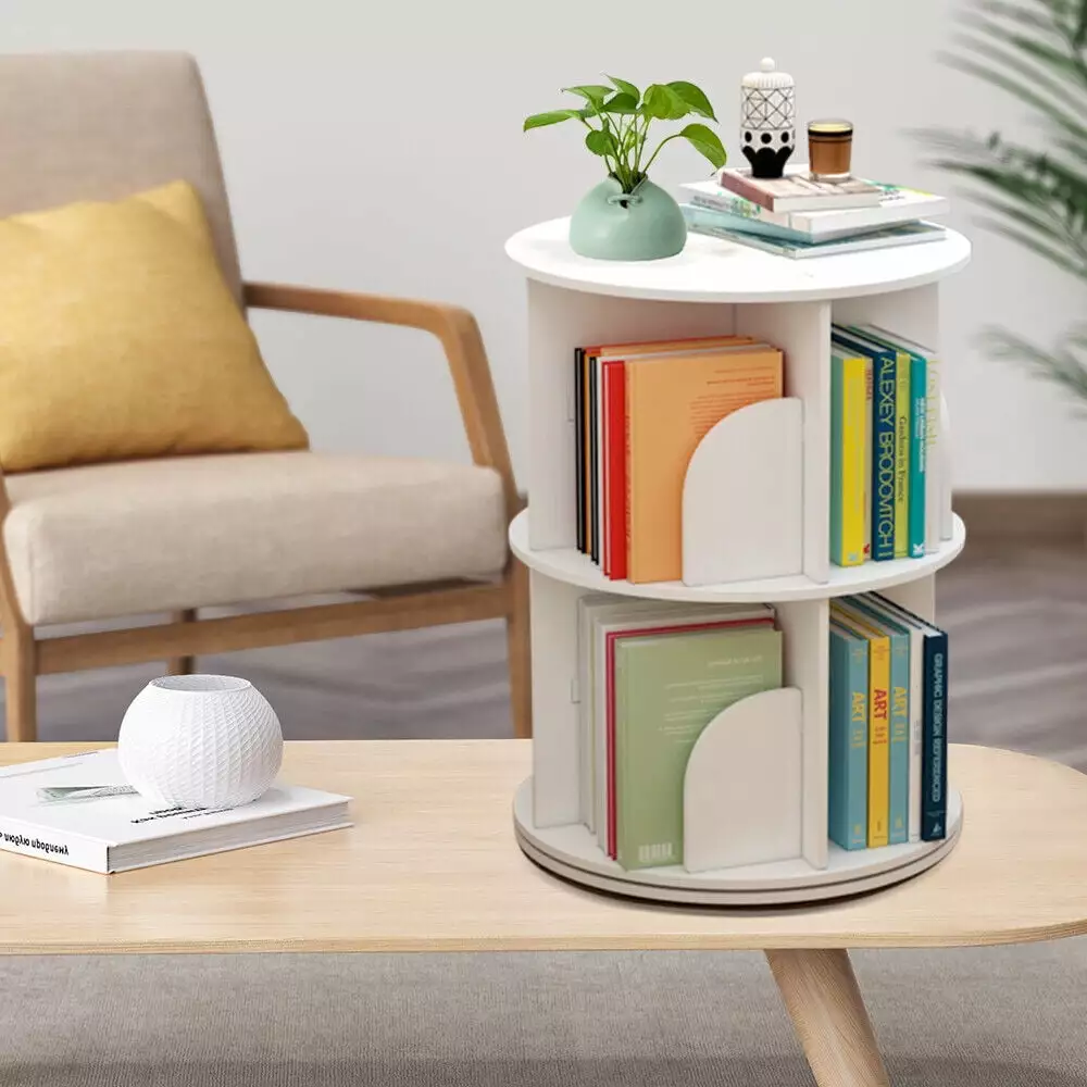 2-Tier 360 Rotating Bookshelf White Home and Office Storage GDAE10