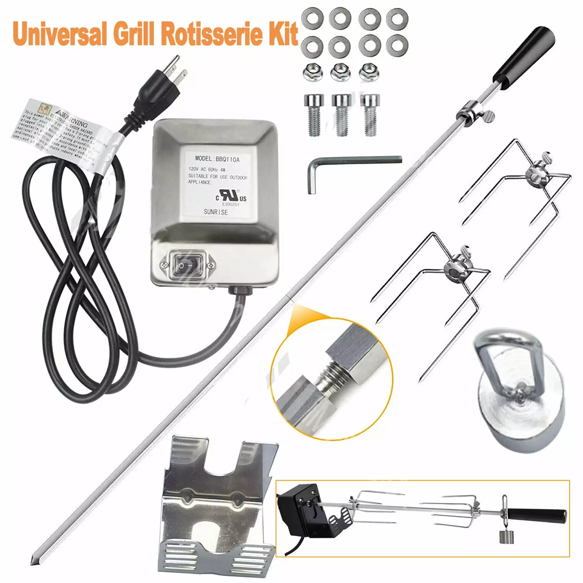 SHCKE Heavy Duty Stainless Universal Grill Rotisserie Kit 4 Watt Stainless Electric Motor 47.5''1/3'' Hexagon Spit Rod