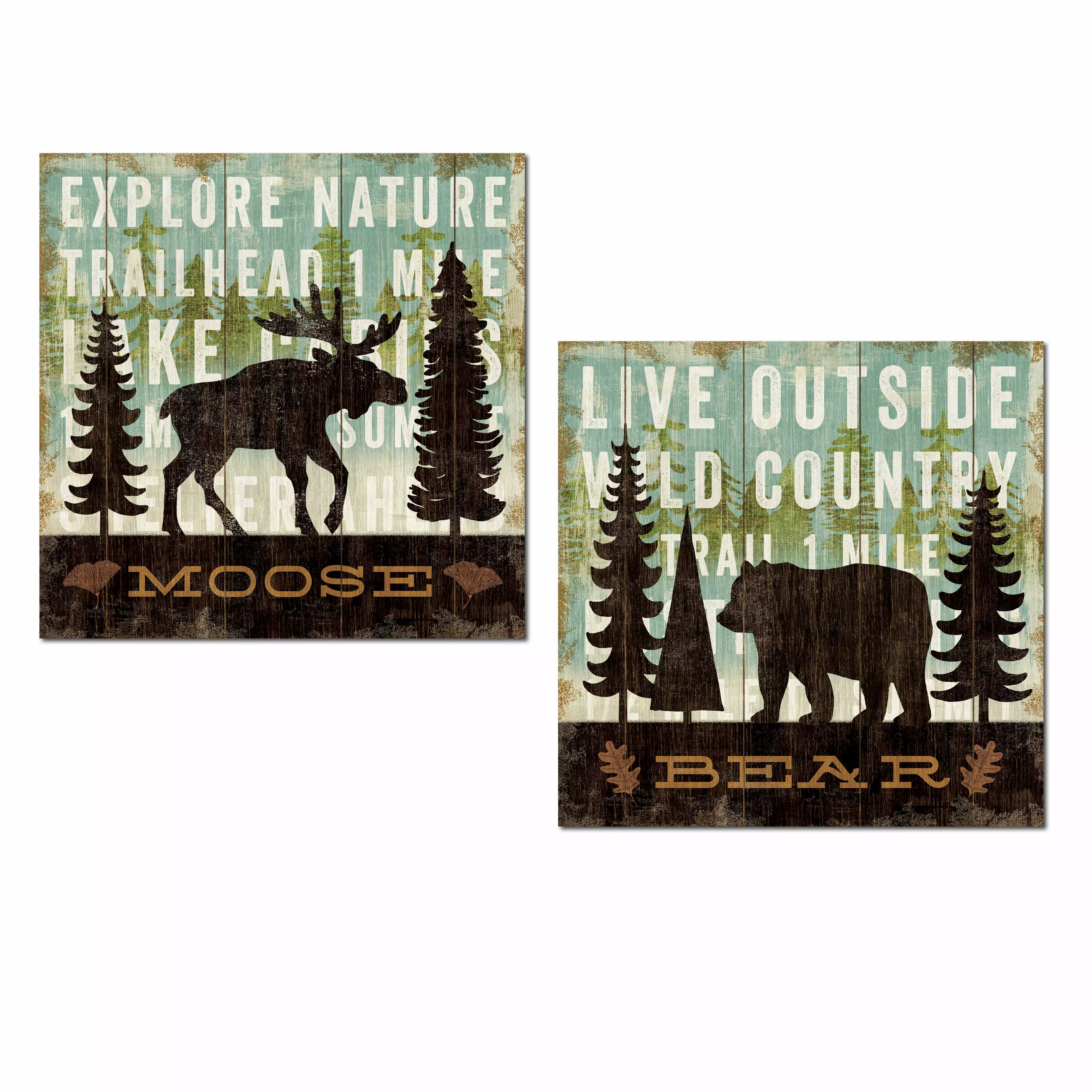 Rustic Forest Moose and Bear Set Michael Mullan - Cabin Lodge Decor - Two 11x14in Unframed Posters WILD APPLE