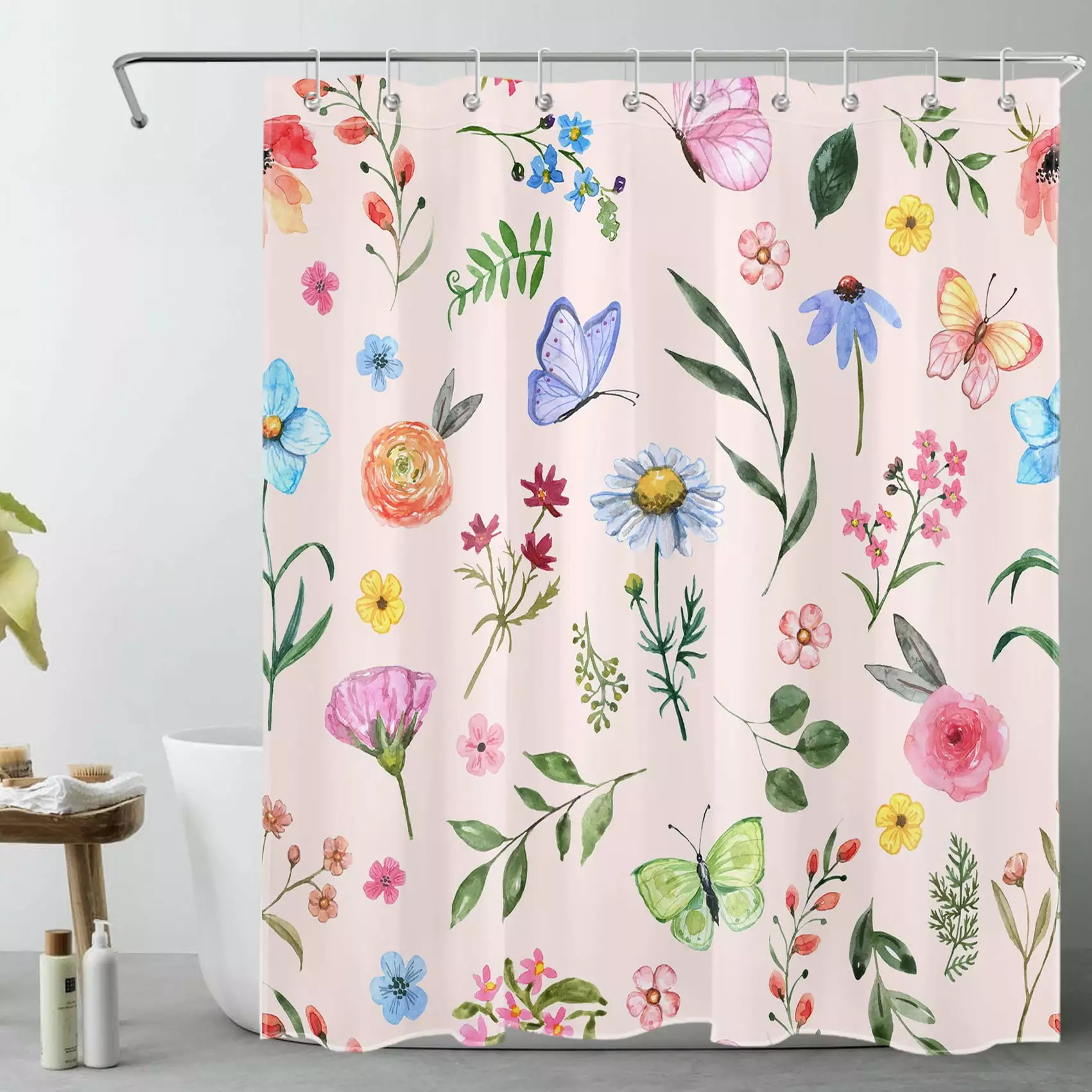 Rustic Wildflower Shower Curtain Watercolor Floral Green Plant Butterfly Pink Fabric Bathroom Set 60x72 Inches HVEST