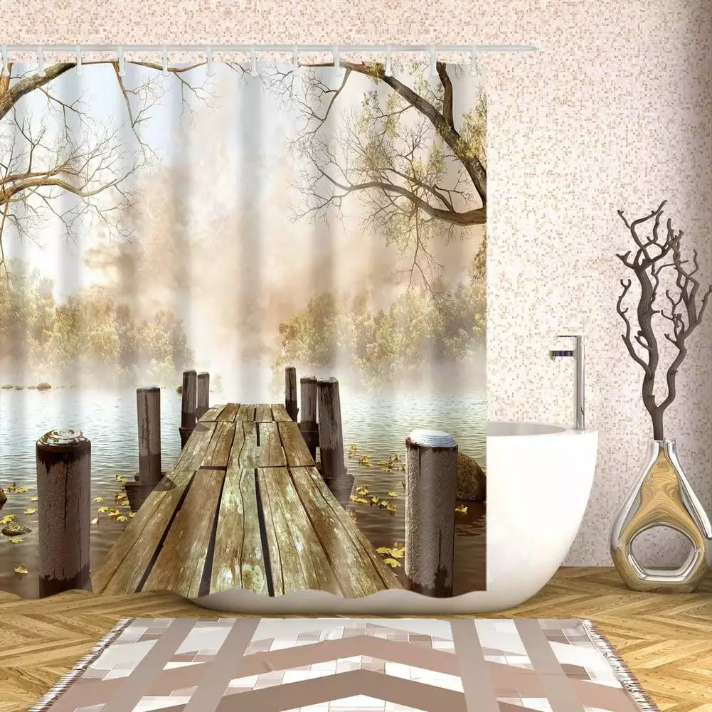 Rustic Cloth Shower Curtain Fall Foggy Trees Wooden Bridge Lake River Country 5.9x5.9ft Specool