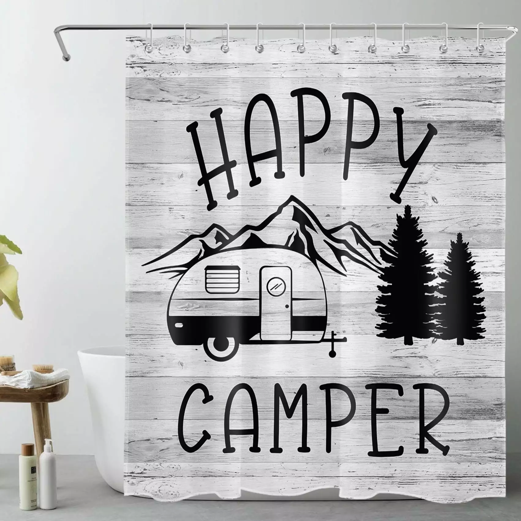 HVEST Happy Camper Shower Curtain 60x72 Inch Rustic Retro Travel Trailer Country Nature Bathroom Decor