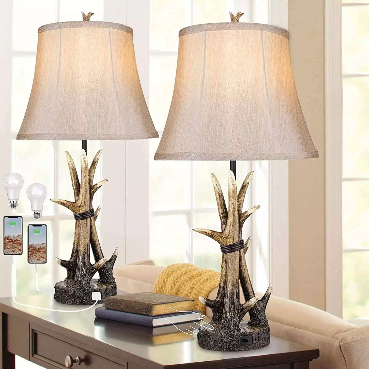Rottogoon Rustic Table Lamps Set 2 Antler Western USB Port Resin Lamps Living Room