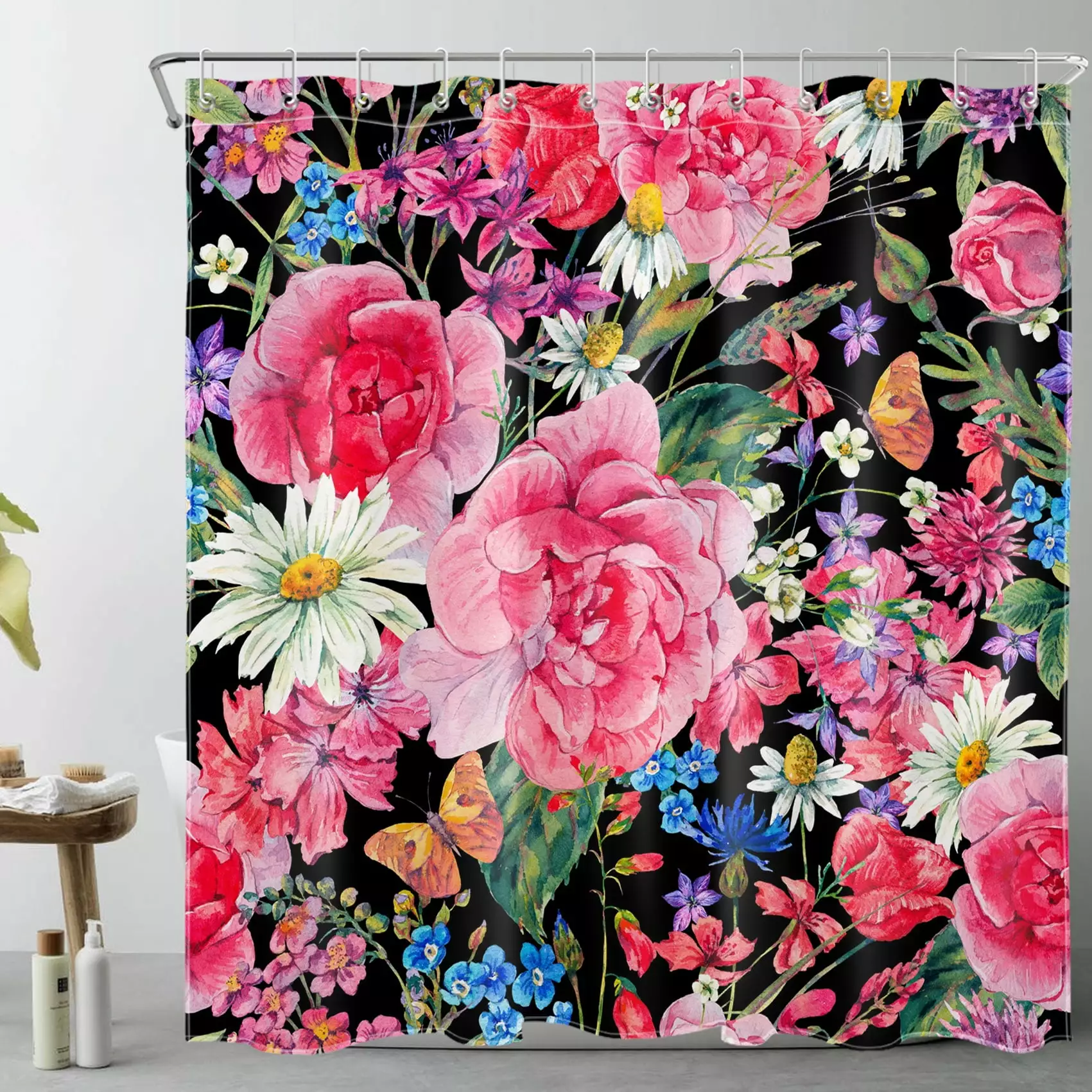 Country Wildflower Shower Curtain Retro Butterfly Watercolor Floral Green Leaf Black Fabric Rustic Botanical Bathroom Deco...