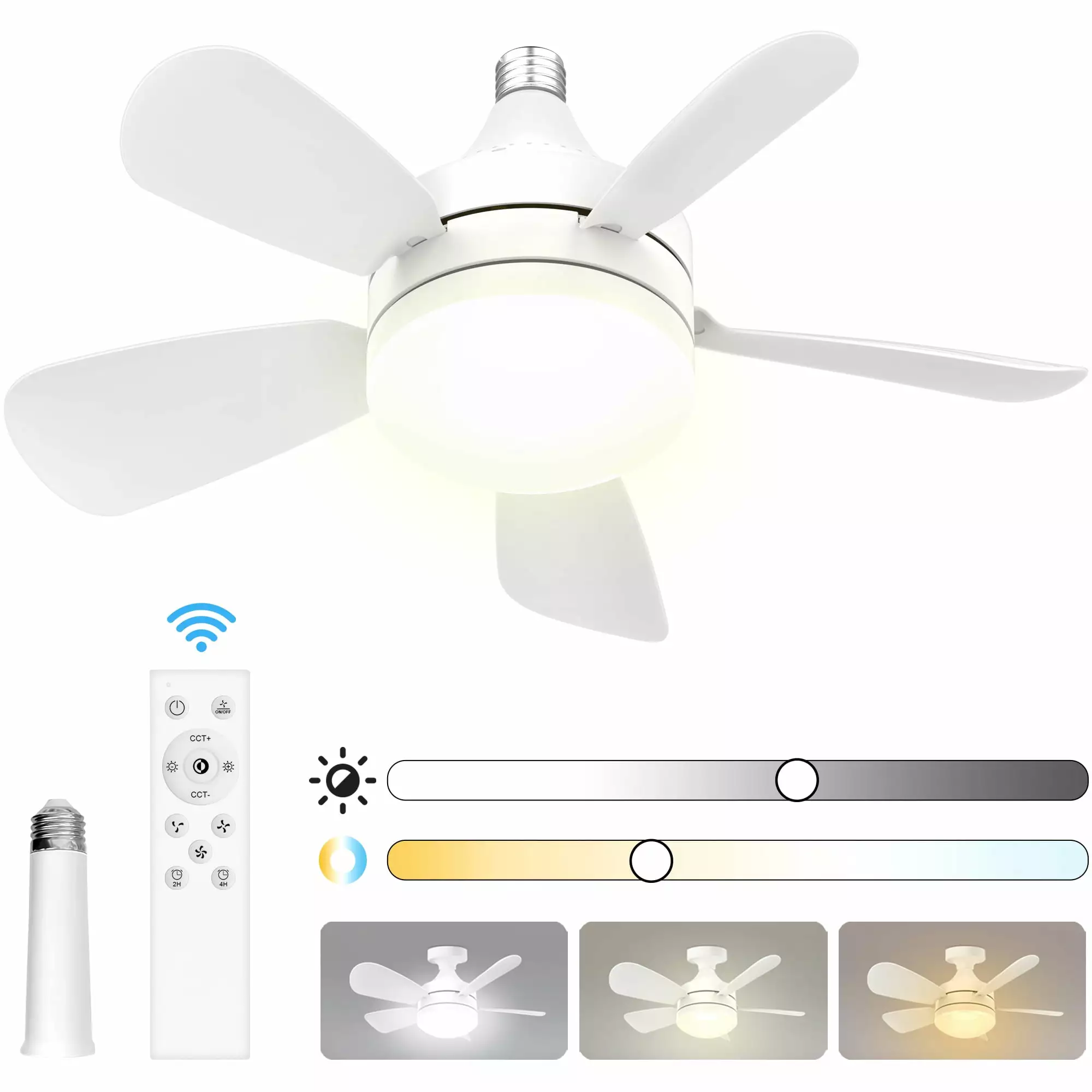 Socket Fan Light 2000 Lumens 18 LED Ceiling Fan Lights and Remote 3000K-6500K Dimmable 5 Blades Screw Ceiling Fan Indoor B...