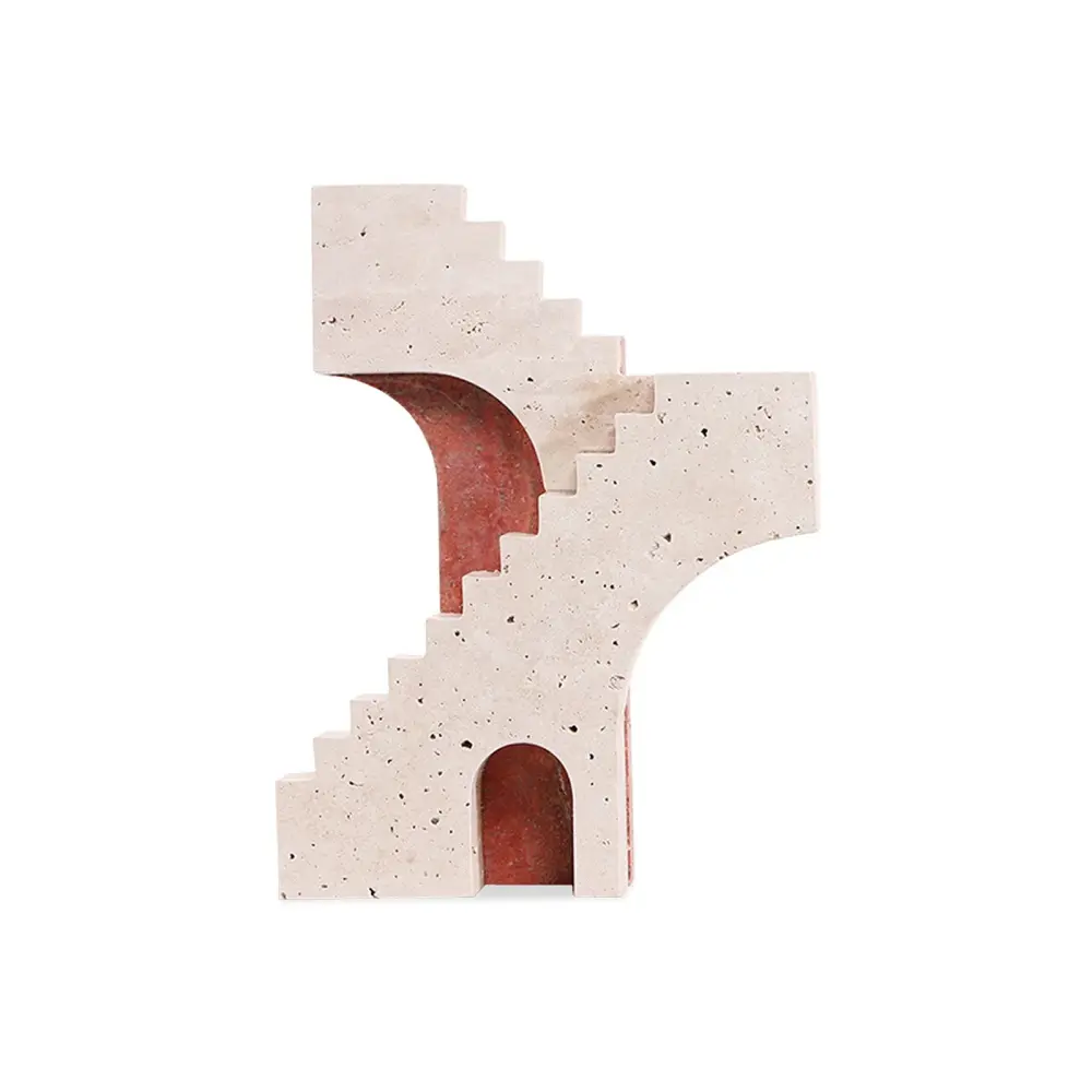 Abstract Sculpture Arched Legacy Travertine Sculpture - Beige & Cherry
